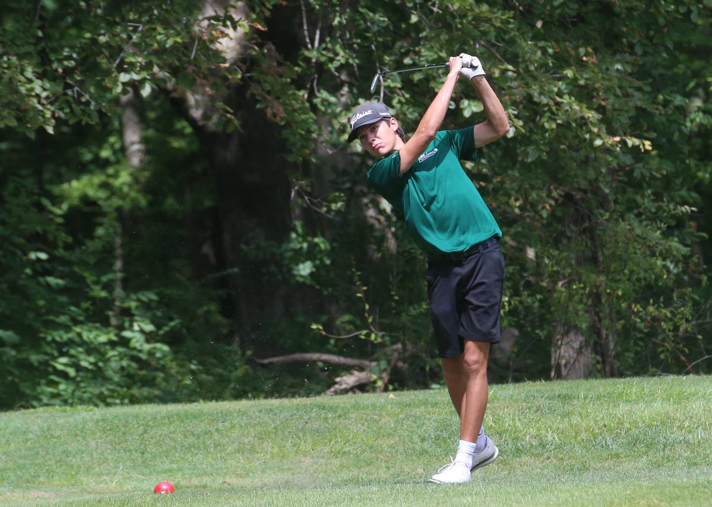 St. Bede's Zach Husser, hits toward the third hole during the Streator Bulldog Invitational on Monday, Aug. 25, 2025 at Eastwood Golf Course in Streator.