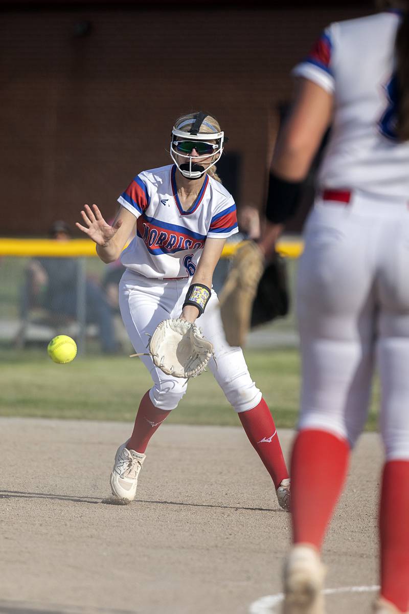 Morrison’s Caylee Bramm handles a grounder at third against Erie-Prophetstown Thursday, May 14, 2026.
