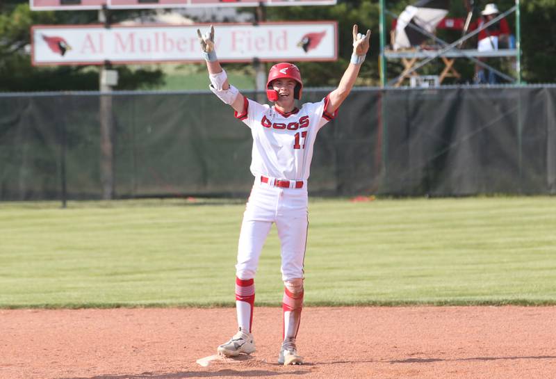 Streator's Zander McCloskey reacts after reaching second base against Richwoods during the Class 3A Sectional semifinal game on Wednesday, May 31, 2023 at Metamora High School.