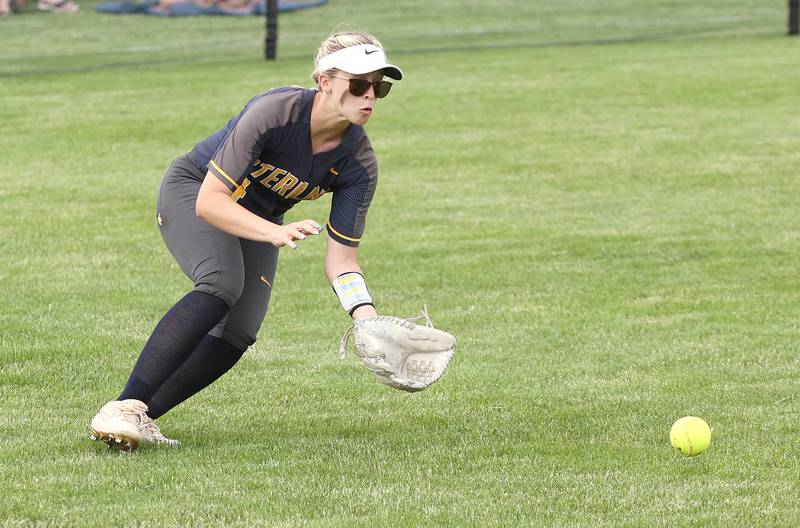 Sterling's Katie Dittmar makes a play in left field Tuesday, May 31, 2022, during their Class 3A Sectional semifinal game against Kaneland at Sycamore High School.