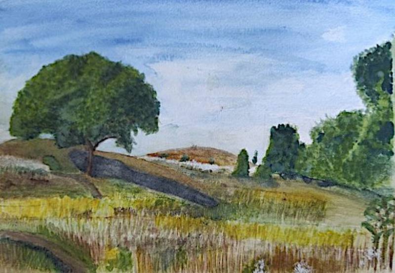 Photo of a painting submitted as part of the "Art of the Past: Viewing History through McHenry County Artists" art contest. The watercolor by Susan Claney Kelly is titled “View from the Kames” in Glacial Park.