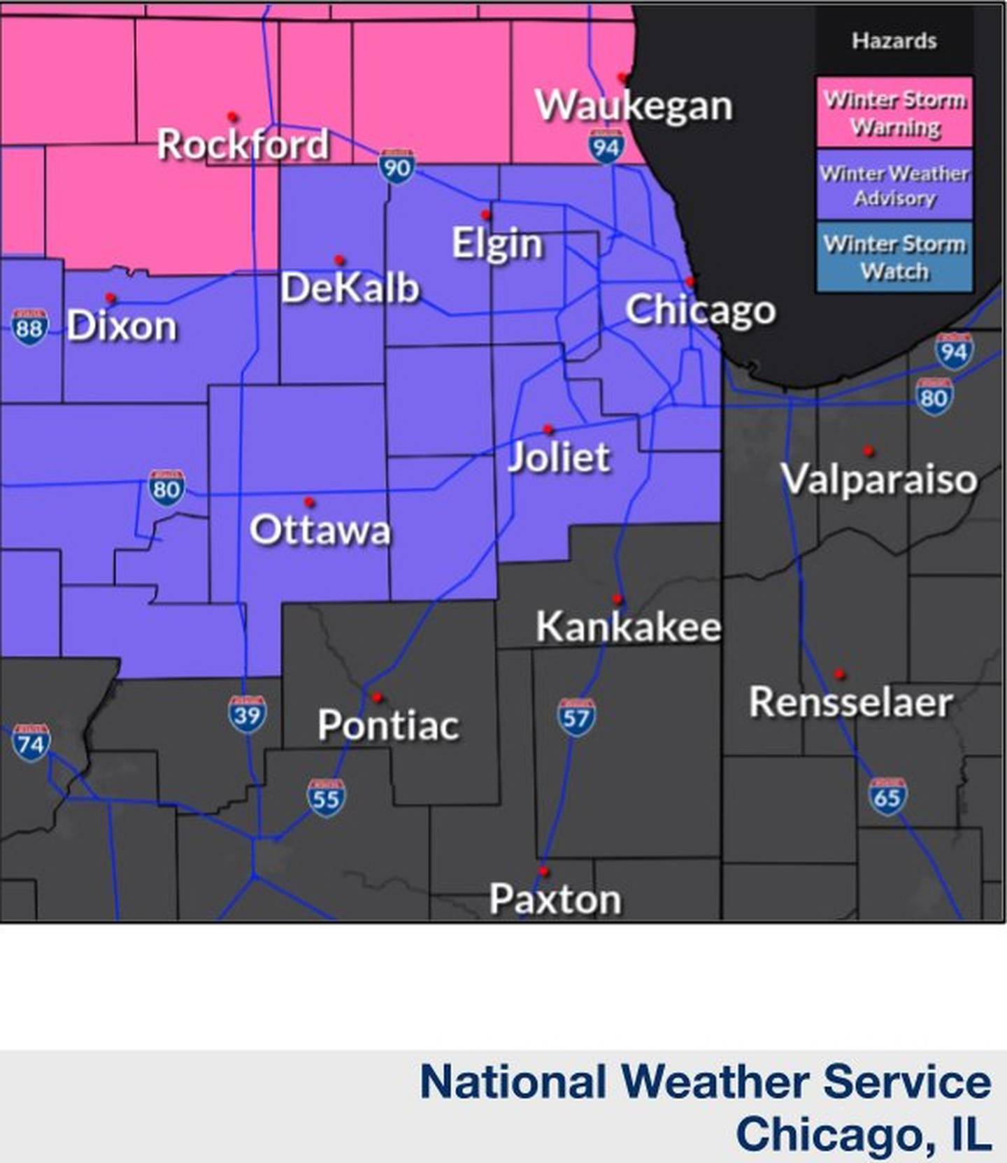 National Weather Service map showing winter storm for northeast Illinois on Feb. 16, 2023.