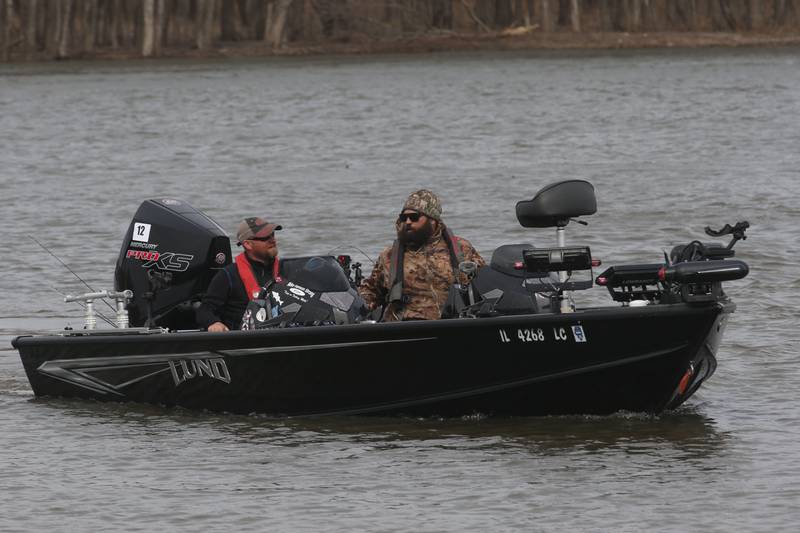 Michael Martin of Serena and Dusty Culjan of Ottawa, enter the Spring Valley Boat Club harbor after fishing in the Masters Walleye Circuit on Friday, March 21, 2025 in Spring Valley.