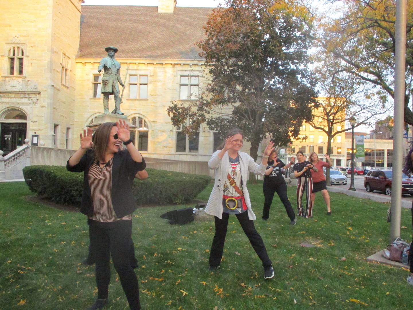 Dancers do the "Thriller" dance on the front lawn of the Joliet Public Library during Spirits With the Spirits night in downtown Joliet on Wednesday. Oct. 30, 2024