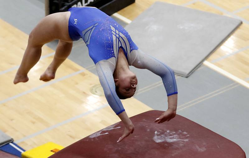 Vernon Hill’s Mya Brusso Nora Terhaar competes in the preliminary round of the vault on Friday, Feb. 20, 2026, during the IHSA Girls State Final Gymnastics Meet at Palatine High School.
