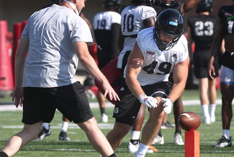 Northern Illinois University fullback Brock Lampe takes part in a special teams drill Monday, August 1, 2022, at practice at Huskie Stadium in DeKalb.