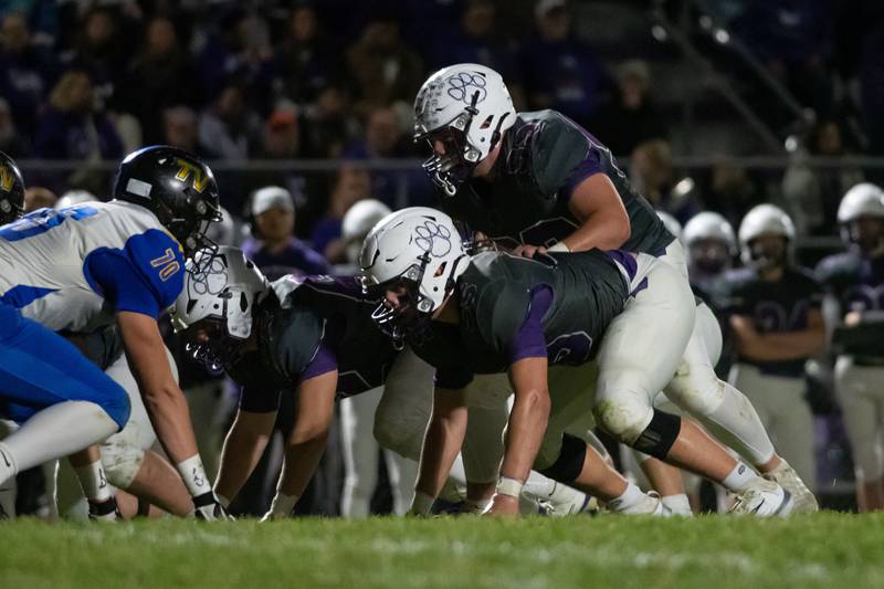 Wilmington players line up during the Wildcats' 49-7 victory over Tri-Valley in the quarterfinal game on Saturday, Nov. 15, 2025.