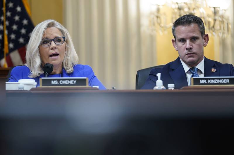 Vice Chair Liz Cheney, R-Wyo., gives her opening remarks as the House select committee investigating the Jan. 6 attack on the U.S. Capitol holds its first public hearing to reveal the findings of a year-long investigation, at the Capitol in Washington, Thursday, June 9, 2022. Rep. Adam Kinzinger, R-Ill., listens at right. (AP Photo/Andrew Harnik)
