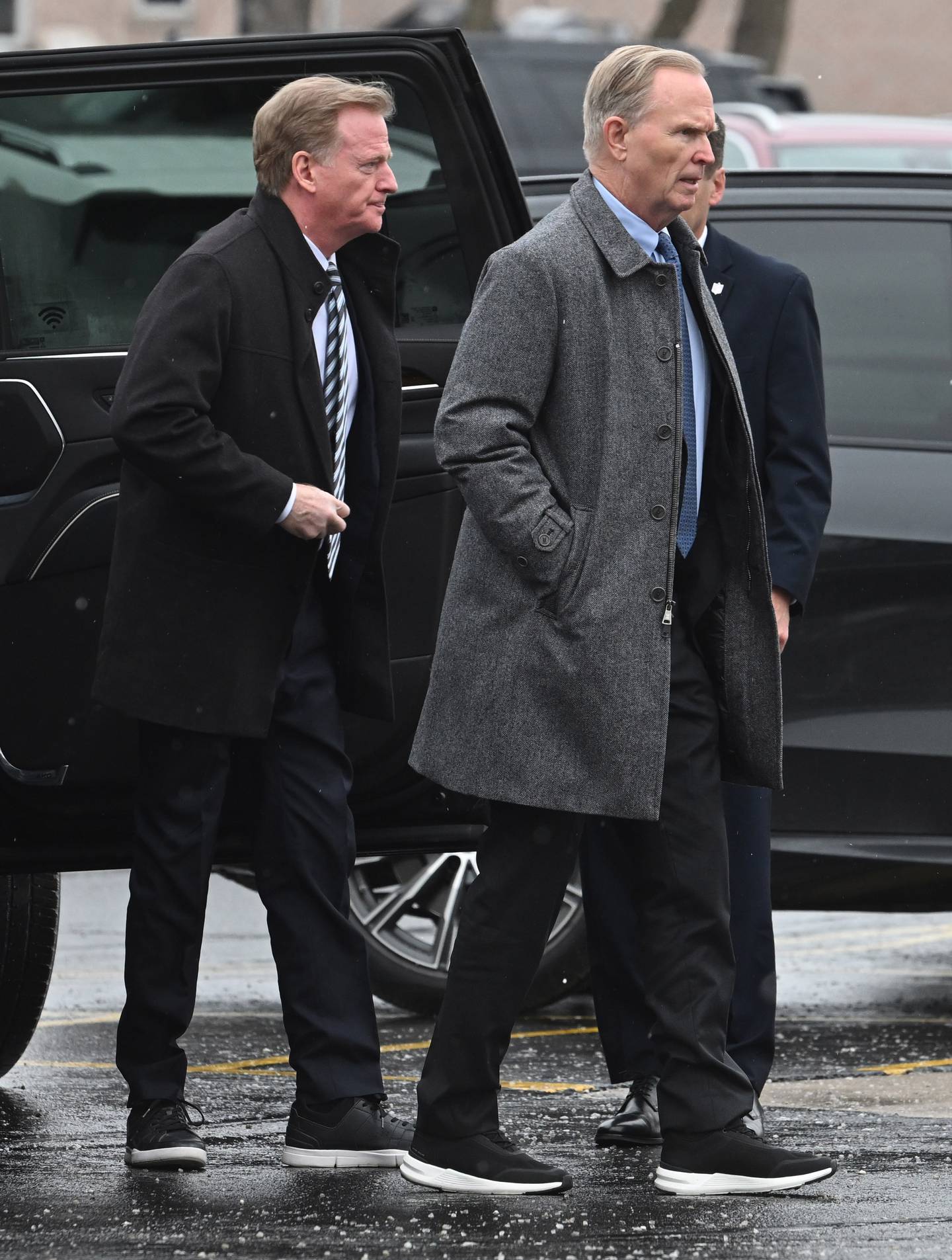 NFL Commissioner Roger Goodell, left, arrives for funeral of Chicago Bears owner Virginia McCaskey at St. Emily Catholic Church on Wednesday, Feb. 12, 2025 in Mount Prospect.