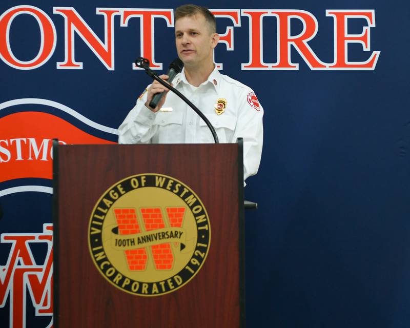 Westmont deputy Chief Kevin O’Hare speaks during the Westmont fire department 100 year anniversary celebration held on Saturday Oct. 14, 2023.