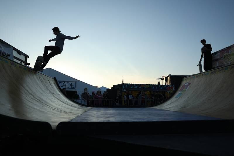 Skateboarders ride on half pipe set up at the festival on day one of Riot Fest, Friday, Sept. 15, in Chicago.