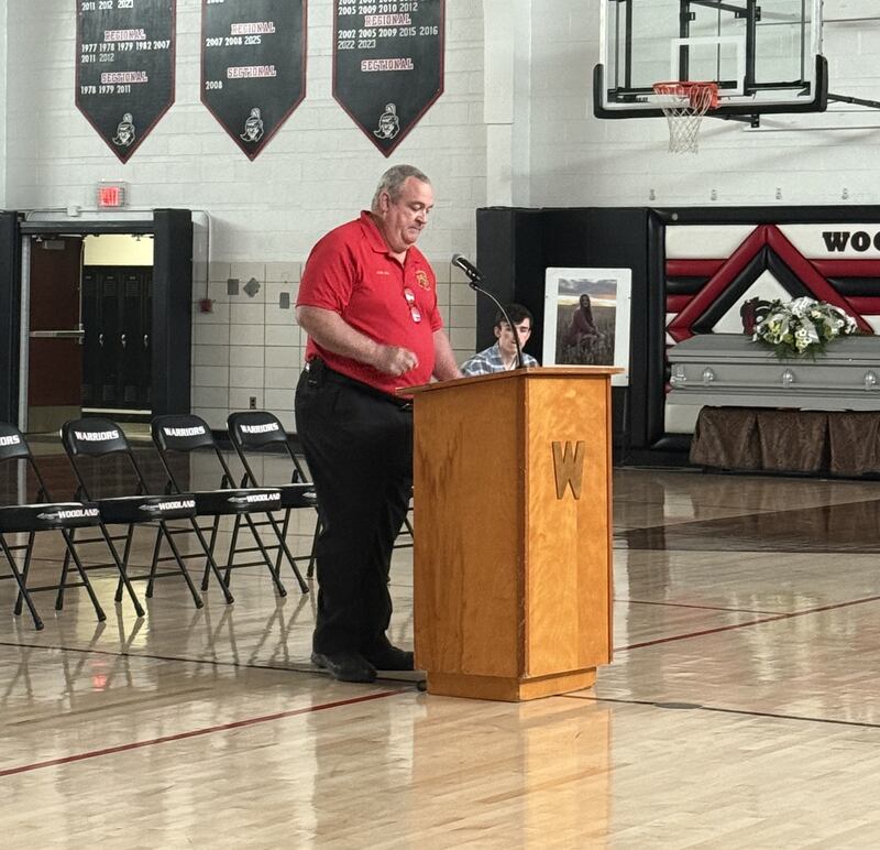 Streator Fire Chief Gary Bird speaks to students Wednesday, April 30, 2025, at Woodland School in rural Streator during an Operation Prom event.