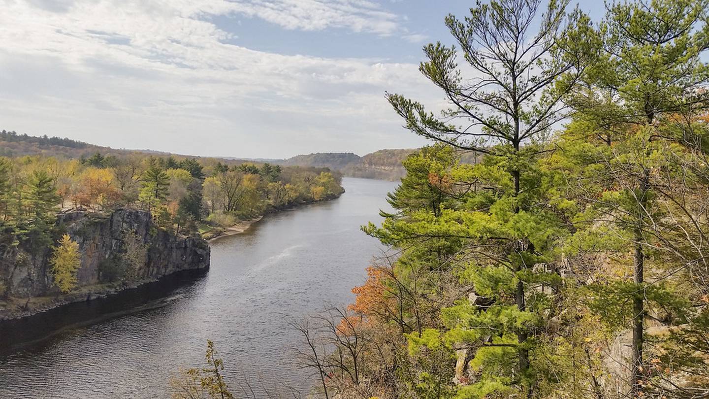 View of the St Croix River and the Wisconsin Interstate Park boat launch from Interstate Park in Minnesota.