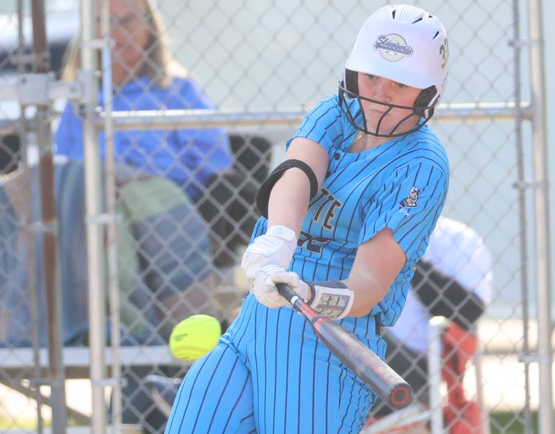 Marquette's Kelsey Cuchra gets a hit on Monday, May 11, 2026 at June Gross Field in Ottawa.