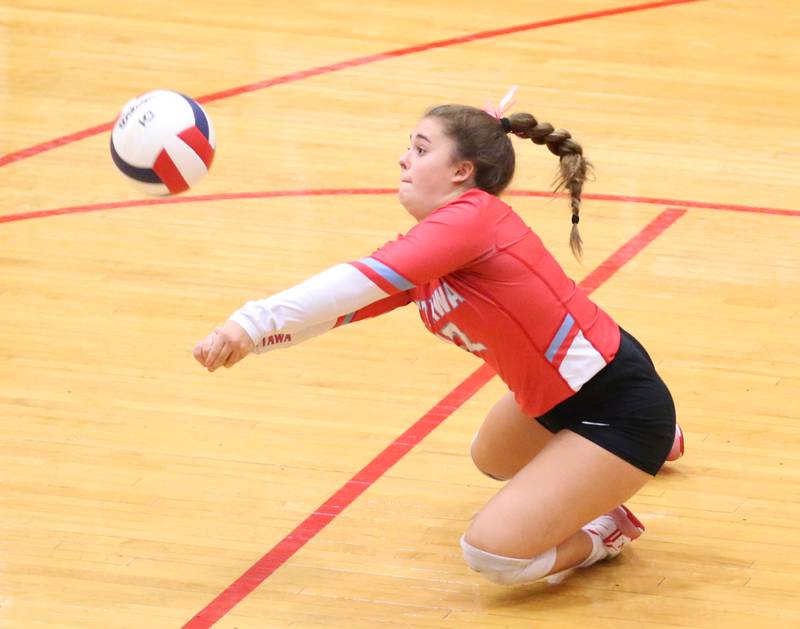 Ottawa's Haley Waddell returns a serve from L-P on Tuesday, Oct. 17, 2023 at Sellett Gymnasium.