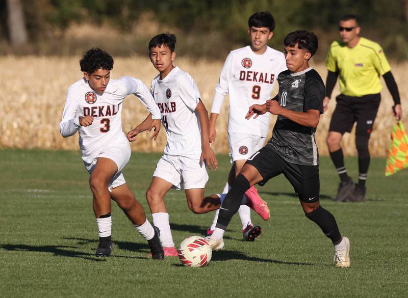 Kaneland's Jovani Ruiz tries to get by DeKalb's Mohammed Alkarzon during their game Thursday, Oct. 17, 2024, at Kaneland High School in Maple Park.