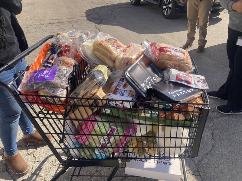 A cart of food received by a resident at the DuPage Township Food Pantry. 
Friday, Oct. 30, 2025.