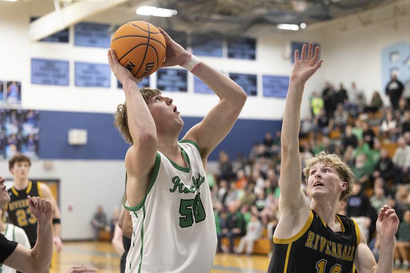 Rock Falls’ Cole Mulnix puts up a shot in OT against Riverdale Friday, Feb. 28, 2025, during the Class 2A Regional final at Bureau Valley High School.