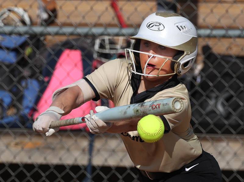 Sycamore's Addison McLaughlin bunts for a hit during their game Wednesday, May 7, 2025, at Kaneland High School in Maple Park.