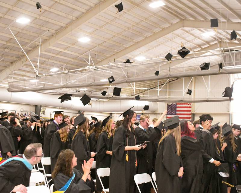 Sycamore graduates let their caps fly in the air after the completion of the Class of 2026 Commencement on Sunday, May 24, 2026, held at Sycamore High School.