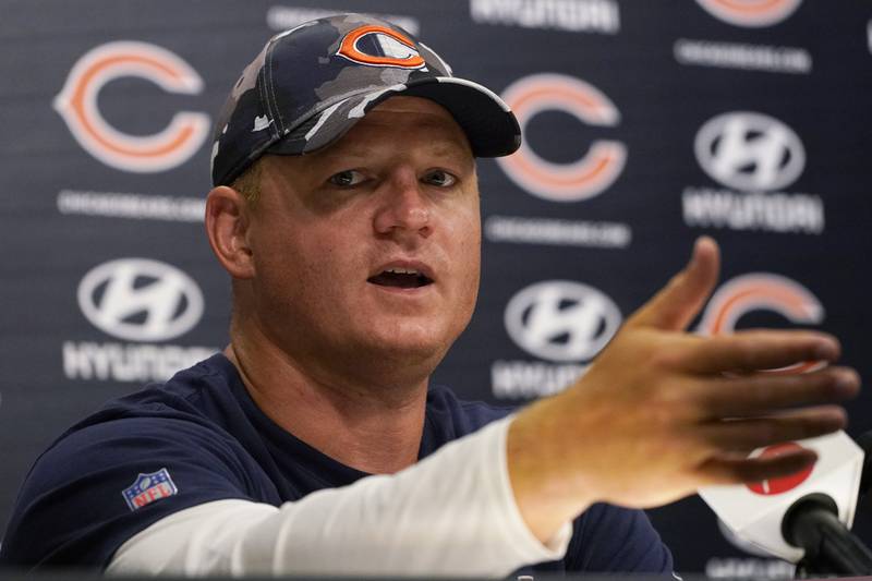 Chicago Bears offensive coordinator Luke Getsy speaks following training camp practice, Thursday, July 28, 2022, in Lake Forest.
