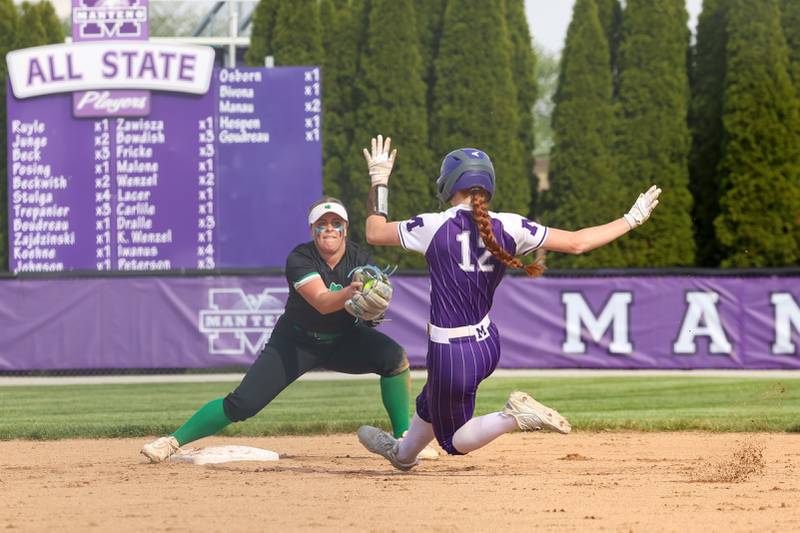 Seneca's Emma Mino prepares to tag Manteno's Savanna Watkins out at second base during Seneca's 11-1 victory over Manteno on Friday, May 8, 2026.