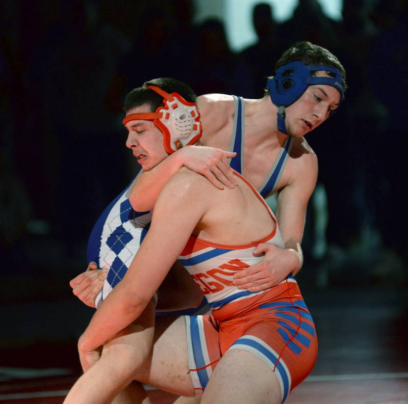 Oregon's Landon Elder and Newman's Jacob Newberry wrestle at 215 pounds during the 1A team sectional held Tuesday, Feb. 25, 2025 in the Blackhawk Center in Oregon.