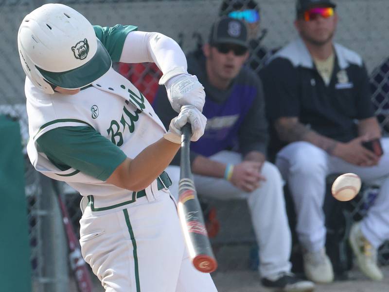 St. Bede's Geno Dinges makes contact with the ball against Serena on Friday, April 24, 2026 at St. Bede Academy.