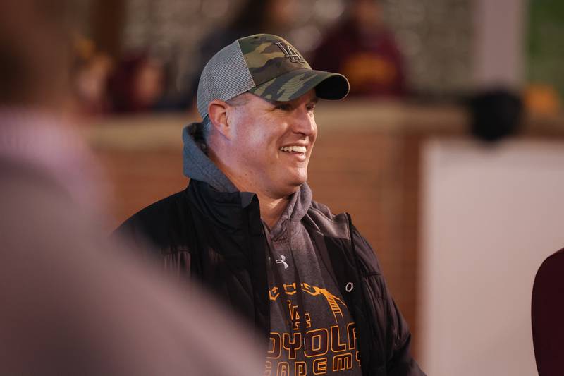 Pat Fitzgerald stands on the sidelines before Loyola’s game against Lincoln-Way East in the Class 8A championship on Saturday, Nov. 25, 2023 at Hancock Stadium in Normal.