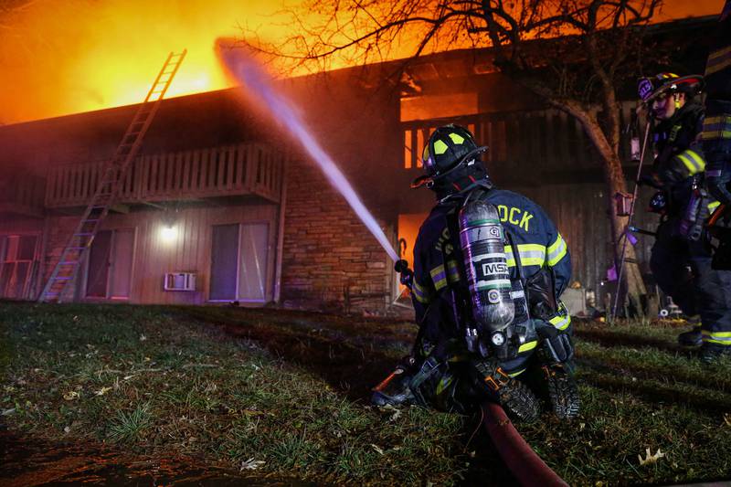 A fire Tuesday, Nov. 12, 2024, in the 700 block of St. John’s Road in Woodstock left one man dead, two in the hospital and more than 30 residents displaced, Woodstock Fire/Rescue District officials said.