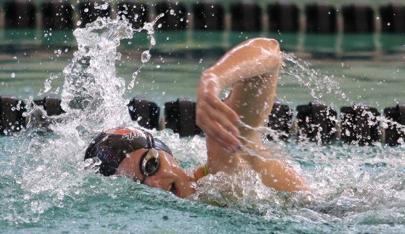 McHenry’s Emma Blanken swims the 200-yard freestyle during the Fox Valley Conference Championship Meet at Woodstock North High School on Saturday, Nov. 2, 2024 in Woodstock .