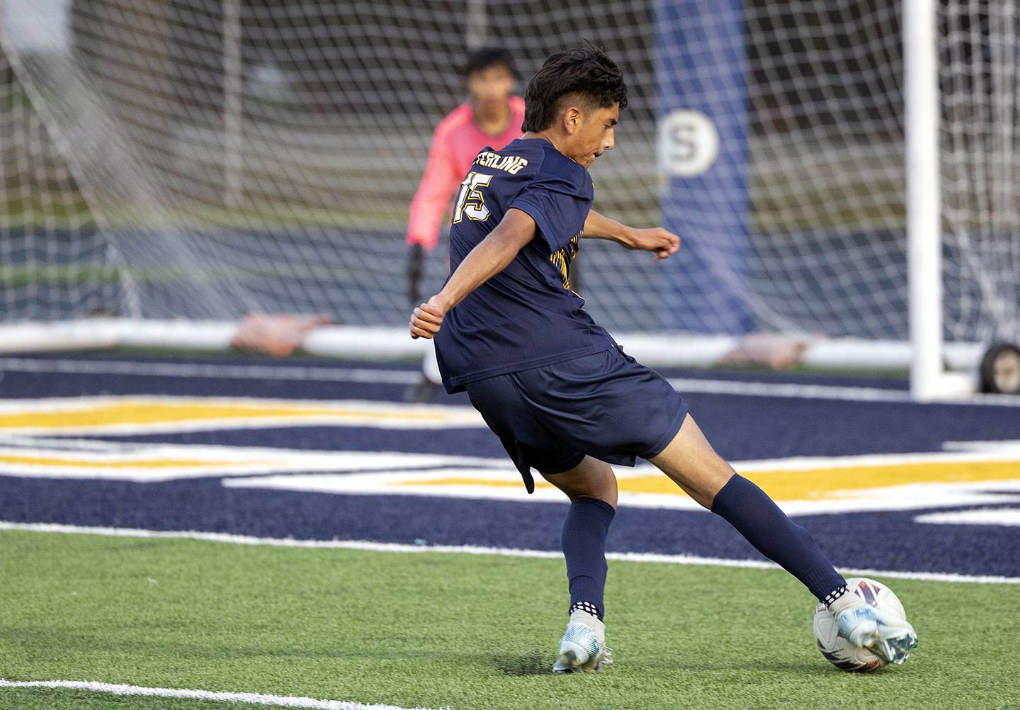 Sterling’s Joel Torres takes a shot on goal against Rochelle Thursday, Sept. 4, 2025.