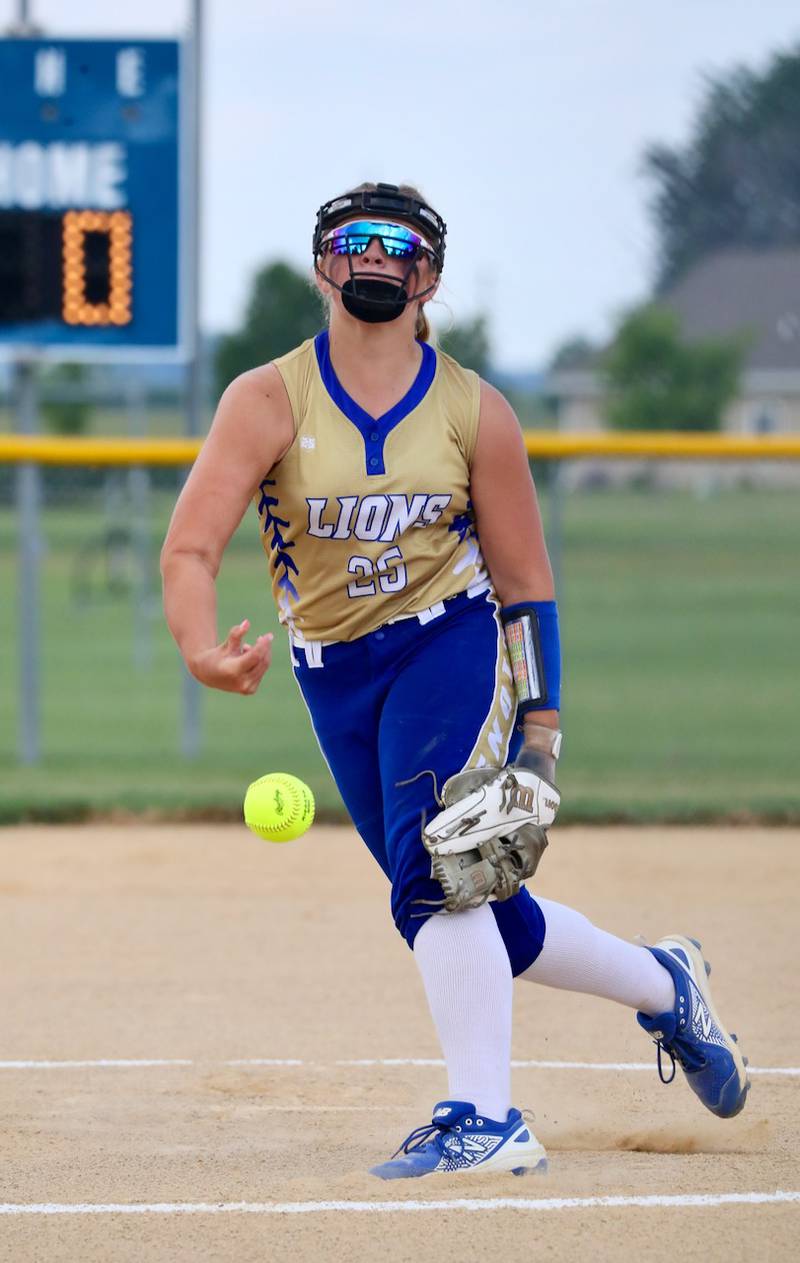 Avah Oertel fires a pitch for Princeton Logan in Thursday's season opener. The Lions beat Geneseo 11-4.