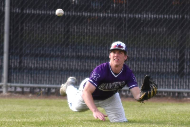Manteno's Connor Harrod makes a diving attempt at a fly ball during the Class 2A Beecher Sectional semifinals against Bishop McNamara Thursday, May 29, 2025.