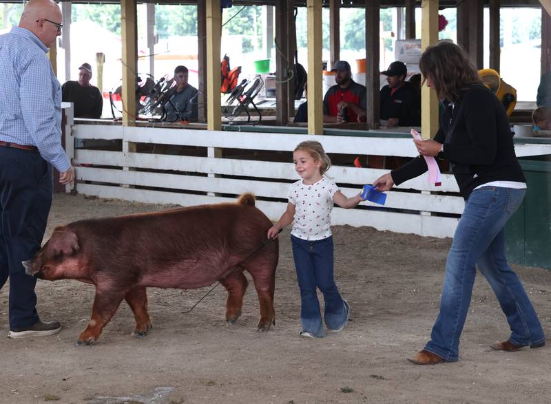 Maggie Rohrer, 4, from Leland, and her Duroc gilt receive the blue ribbon during judging at the pig arena Wednesday, Sept. 3, 2025, on opening day of the Sandwich Fair.