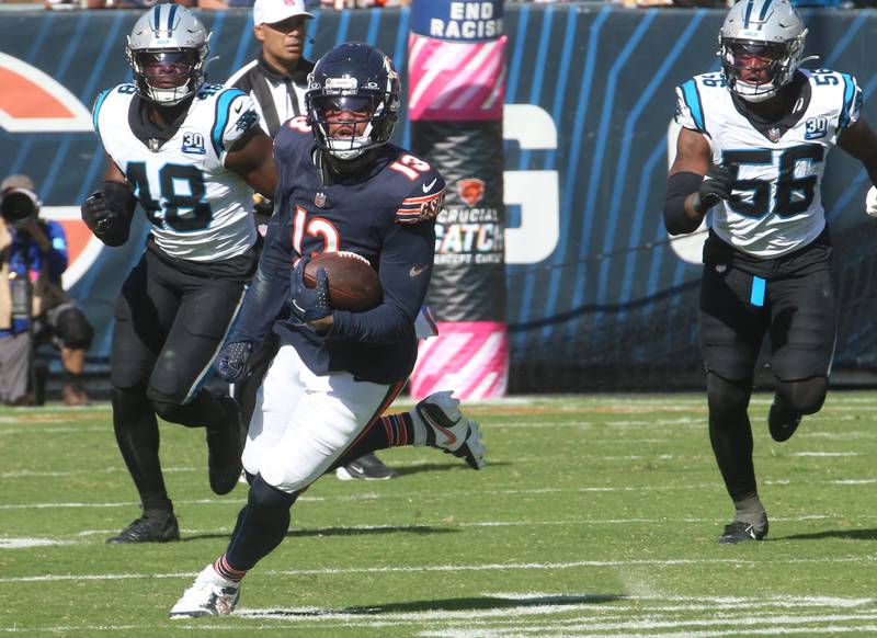 Chicago Bears wide receiver Keenan Allen runs the ball ahead of the Carolina Panthers on Sunday, Oct. 6, 2024 at Soldier Field in Chicago.