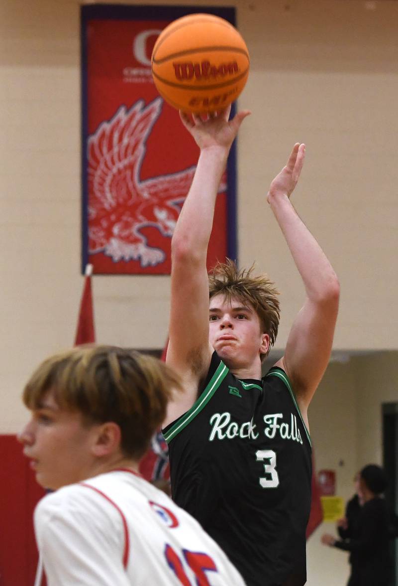 Rock Falls' Cole Heald (3) shoots against Oregon on Friday, Jan. 9, 2026 at the Blackhawk Center in Oregon.