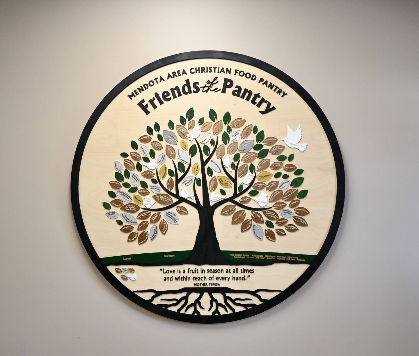 The donations from locals who have donated $1,000 or more has been commemorated in a tree mural that patrons will see as they walk into the pantry with the names of donors on leaves or birds.
The mural was crafted by Ellen Albertson, who grew up in La Moille, who has a shop in Madison, Wis. called Makery Maven Co.