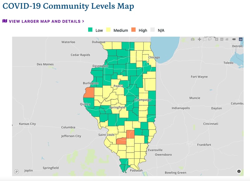 The latest COVID-19 community levels map as of Friday, January 13, 2023, from the Illinois Department of Public Health