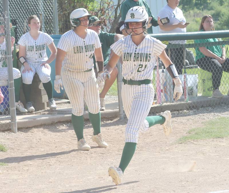 St. Bede's Lily Bosnich scores the teams first run against Dwight on Friday, May 15, 2026 at St. Bede Academy.