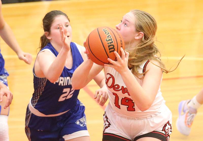 Hall's Ella Sterling shoots a jump shot over Princeton's Camryn Driscoll on Thursday, Nov. 30, 2023 at Hall High School.