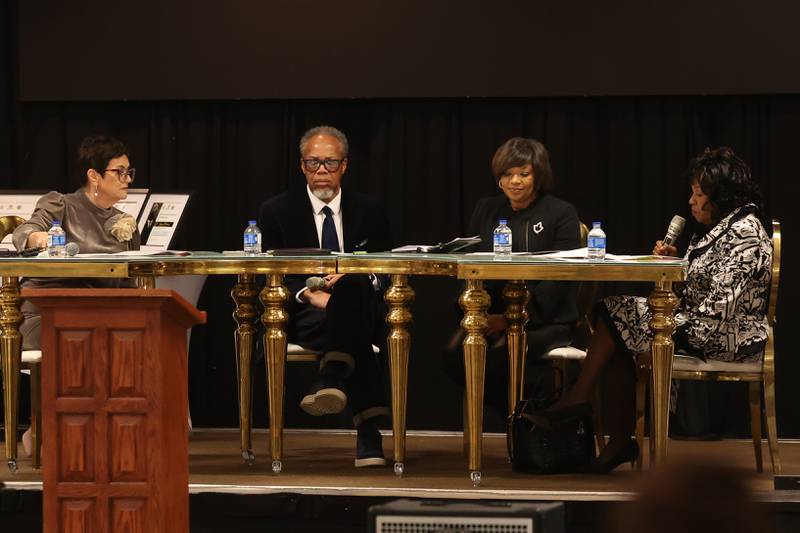 Natalie Manley (left), Michael Simelton and Rolanda Mitchell lead a panel discussion moderated by Bonnie Winfrey at the MLK Brunch & Celebration 2025 on Saturday, Jan 18, 2025 in Joliet.