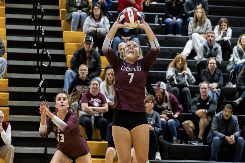 Lockport's Malley Green sets-up a teammate during a 4A girls varsity volleyball sectional against Waubonsie Valley at Joliet West on Nov. 4, 2025.