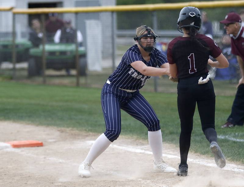 Cary-Grove’s Emily Glen tags out Prairie Ridge's Kylie Rosene during the Class 3A Prairie Ridge Regional Championship softball game on Friday, May 22, 2026, at Prairie Ridge High School.