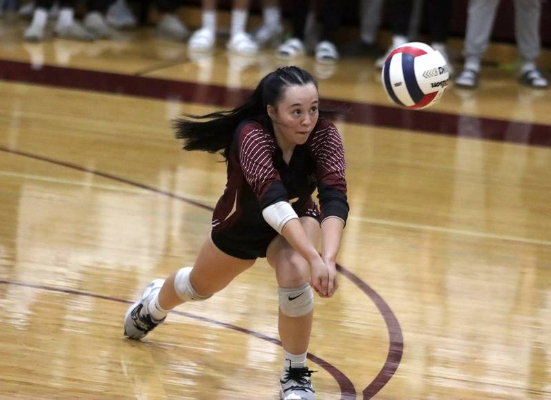 Marengo’s Abigail Paiz passes the ball against Marian Central in IHSA Class 2A Regional volleyball action on Monday, Oct. 28, 2024, at  Marengo High School  in Marengo.