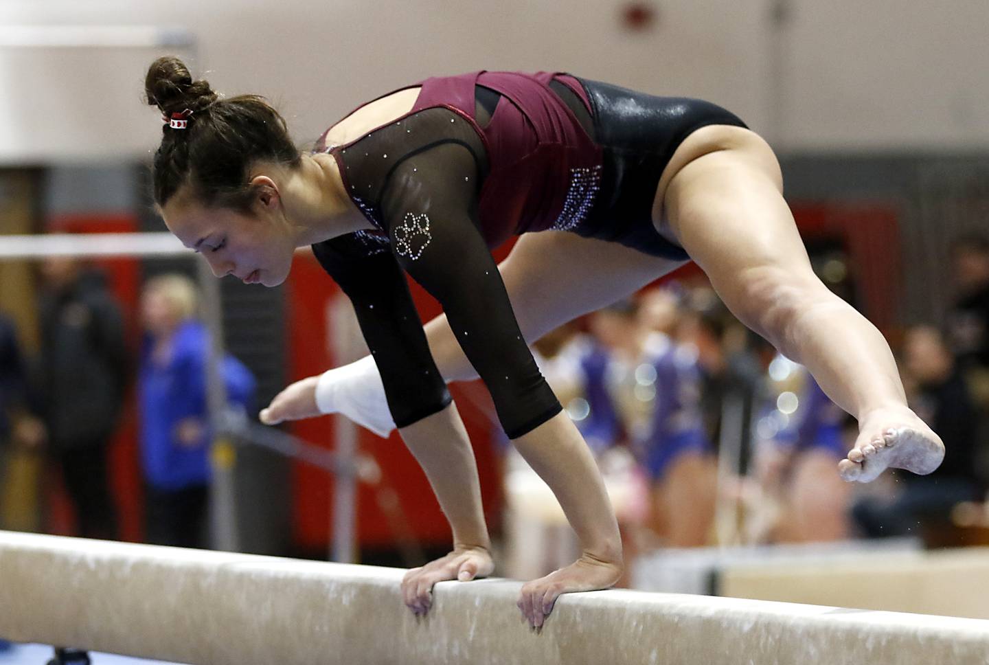Prairie Ridge’s Nora Terhaar competes on the balance beam during the IHSA Mundelein Gymnastics Sectional on Feb. 13, 2025, at Mundelein High School.