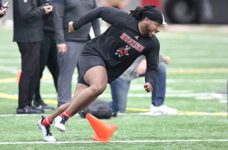 Former Northern Illinois University linebacker Kyle Pugh runs a drill Thursday, March 23, 2023, during pro day in the Chessick Practice Center at NIU. Several NFL teams had scouts on hand to evaluate players ahead of the upcoming draft.