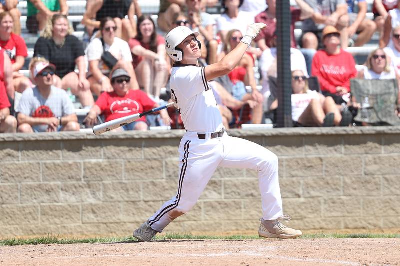 Joliet Catholic’s Zach Beitler drives in a run on a sacrifice fly ball against Spring Valley Hall in the Class 2A Geneseo Supersectional on Monday, May 29, 2023 in Geneseo.