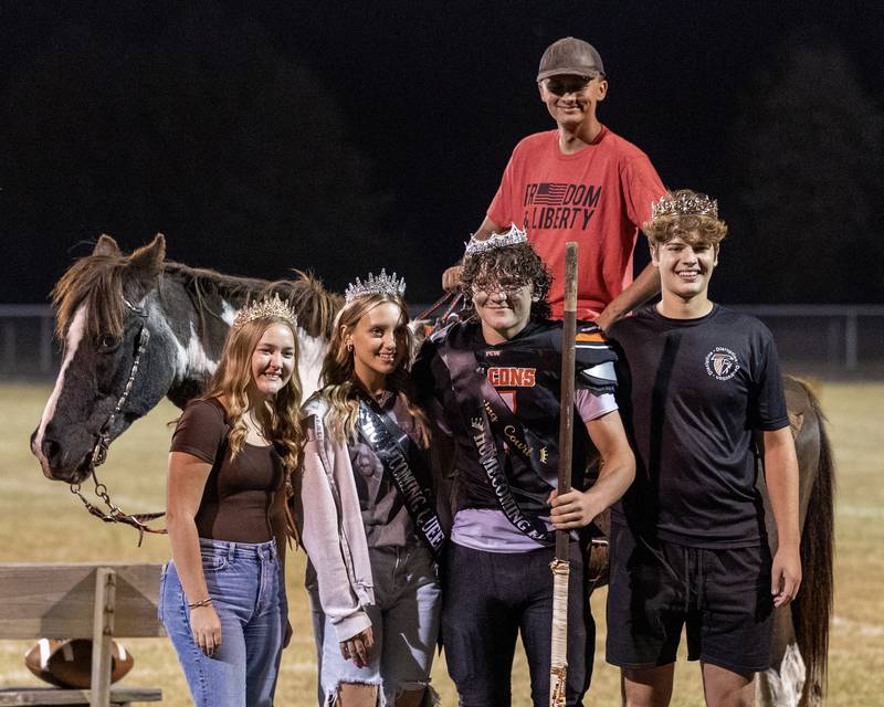 (from left) Addelynnea James, Sydney Wright, Leelynd Durbin and Zandar Radke pose for picture in front of Rylan Knott as he sits on top of Whisky (Horse) on Friday, Sept. 26, 2025, at Woodland School in rural Streator.