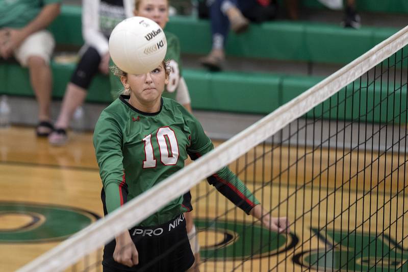 Lasalle-Peru’s Kelsey Frederick works the net against Rock Falls Wednesday, Sept. 4, 2024, at Rock Falls High School.